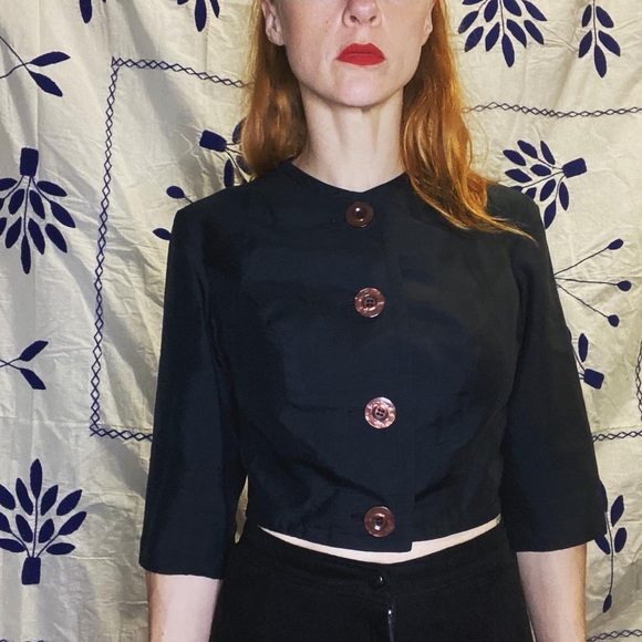 Vintage Jeanne Daro size small/extra small black crop top button down 3/4 sleeve - Picture 2 of 4